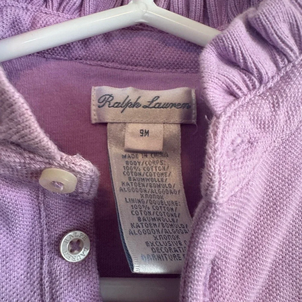 Ralph Lauren Footie‎ Romper Baby Girl 9M Purple Ruffle Cotton Polo One Piece